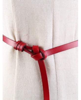 Vintage Knotted Embellished Faux Leather Skinny Belt - Red