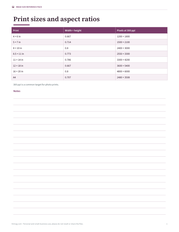 Preview of Printable Print Size and Aspect Ratio Chart
