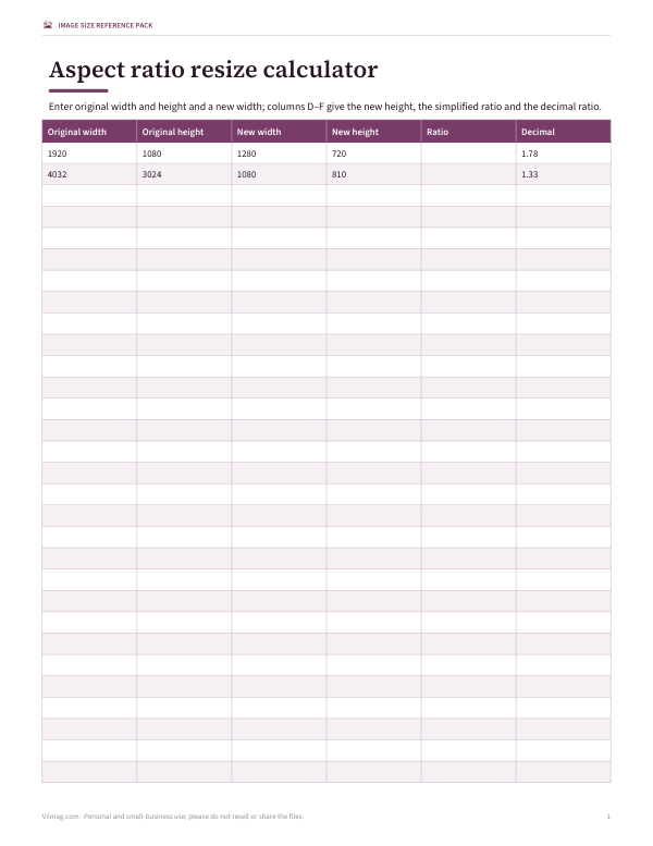 Preview of Printable Aspect Ratio Resize Calculator